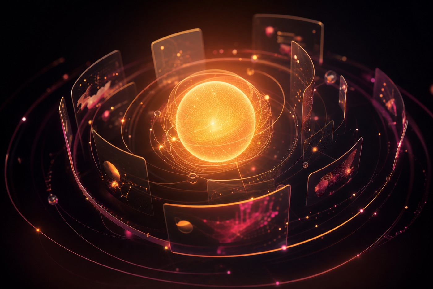 An intelligent assistant that knows your world, shown as a glowing core orbited by translucent panels and data threads