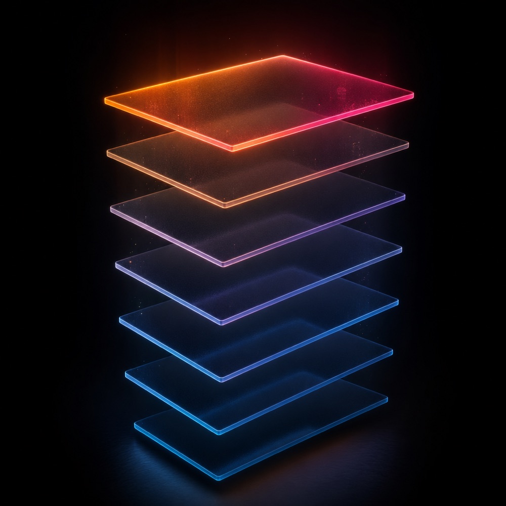 Seven translucent stacked layers, the top one lit with the orange to magenta gradient
