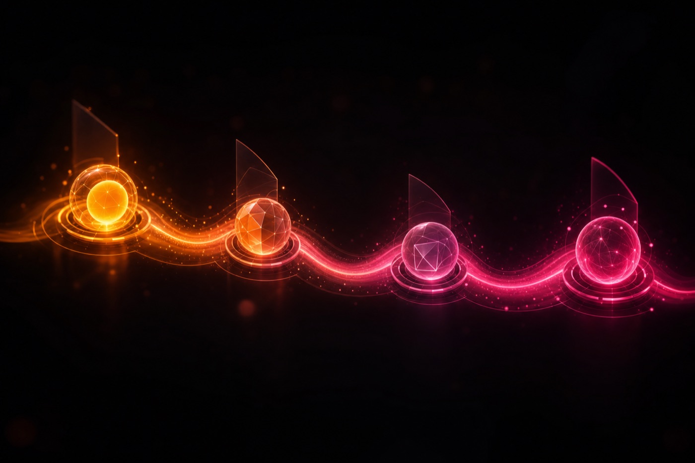 A glowing four-step setup journey flowing from orange to magenta